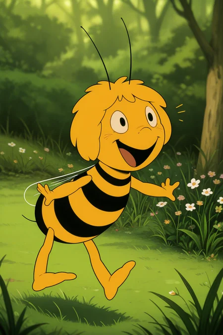 masterpiece, best quality, amazing quality, absurdres, solo, mayathebee, anthropoid girl, furry female, antennas, striped, bee girl, wings, smile, open mouth, flying, outdoors, grass, nature, flowers