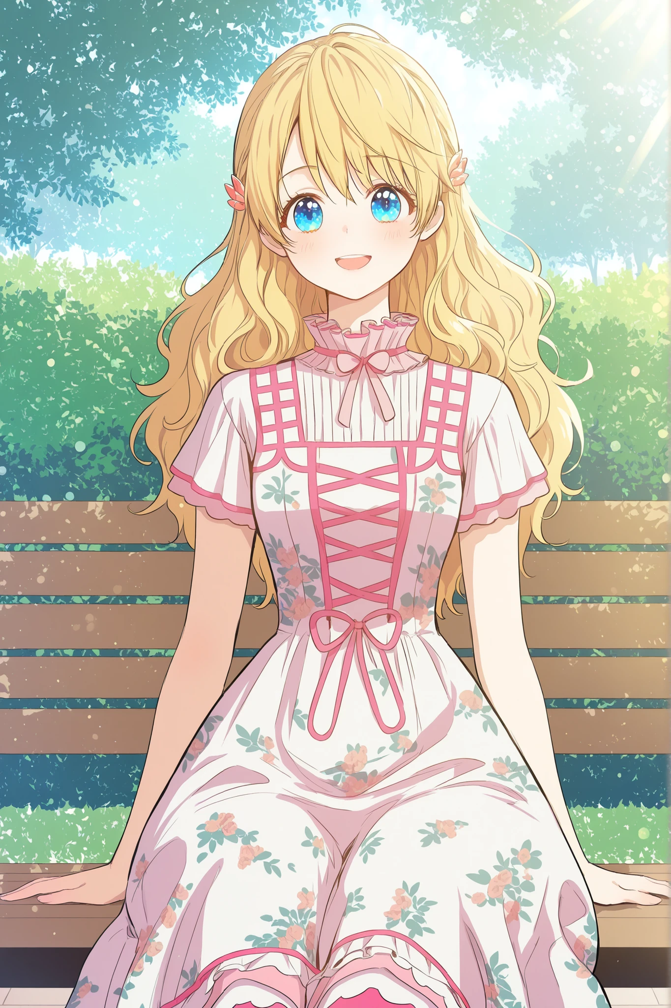 masterpiece, best quality, absurdres, high quality, detailed illustration, cheerful atmosphere, pinkfloralbenchdress, 1girl, solo, athanasia, blonde hair, blue eyes, wavy hair, long hair, hair ornaments, white dress, floral pattern, dress, short sleeves, ribbon, pink ribbon, bow, pink bow, ruffled hem, pink trim, looking at viewer, happy expression, bright smile, sitting, sitting on bench, sunlight, outdoors, garden, park bench, detailed background, bokeh, cowboy shot
