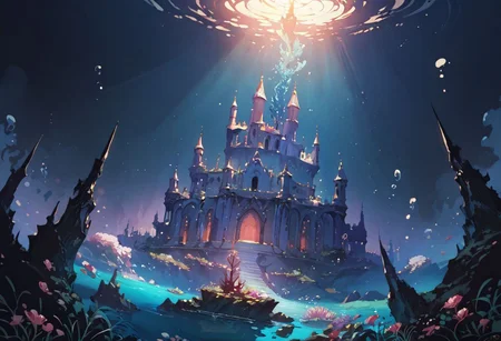 <lora:Kenva:1.0> score_9,score_8_up, score_7_up  knva, halftone effect, epic composition, masterpiece, underwater scenery,  (elegant water dragon  guarding the sunken ruined castle), very aesthetic, dramatic lighting, volumetric lighting, ultra sharp, best quality