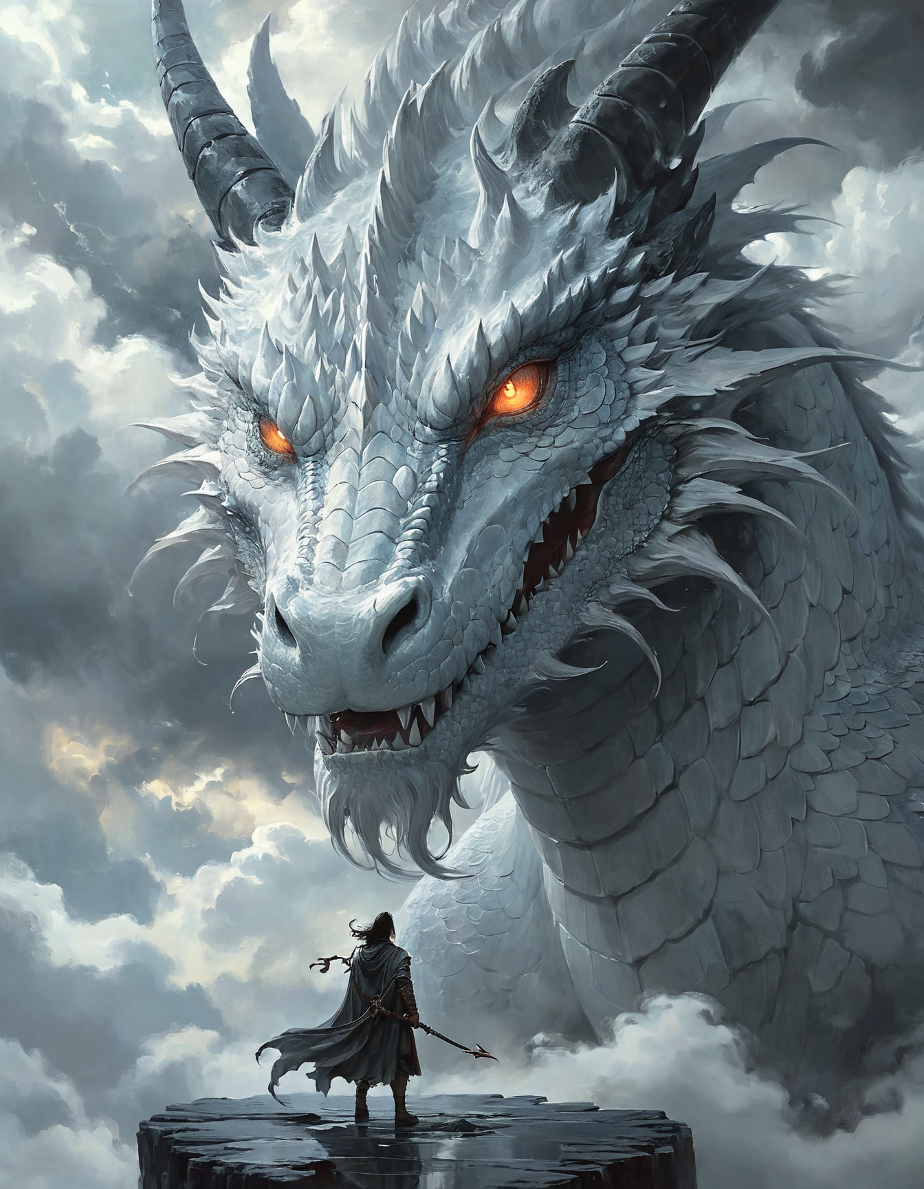 closeup of the dragon face, frontal, symmetrical, centered, fantasy themed digital painting, a majestic ethereal gigantic dragon head with white scales and flowing manes, swirling clouds to create a mystical atmosphere, face to face, looking down closely at the tiny human, Below a cloaked warrior stand on a reflective surface, serene, mist. whites and grays color palette, high contrast, ethereal quality, <lora:MJ52:0.5>, <lora:add-detail-xl:1>, <lora:sdxl_lora_beksinski:0.5>