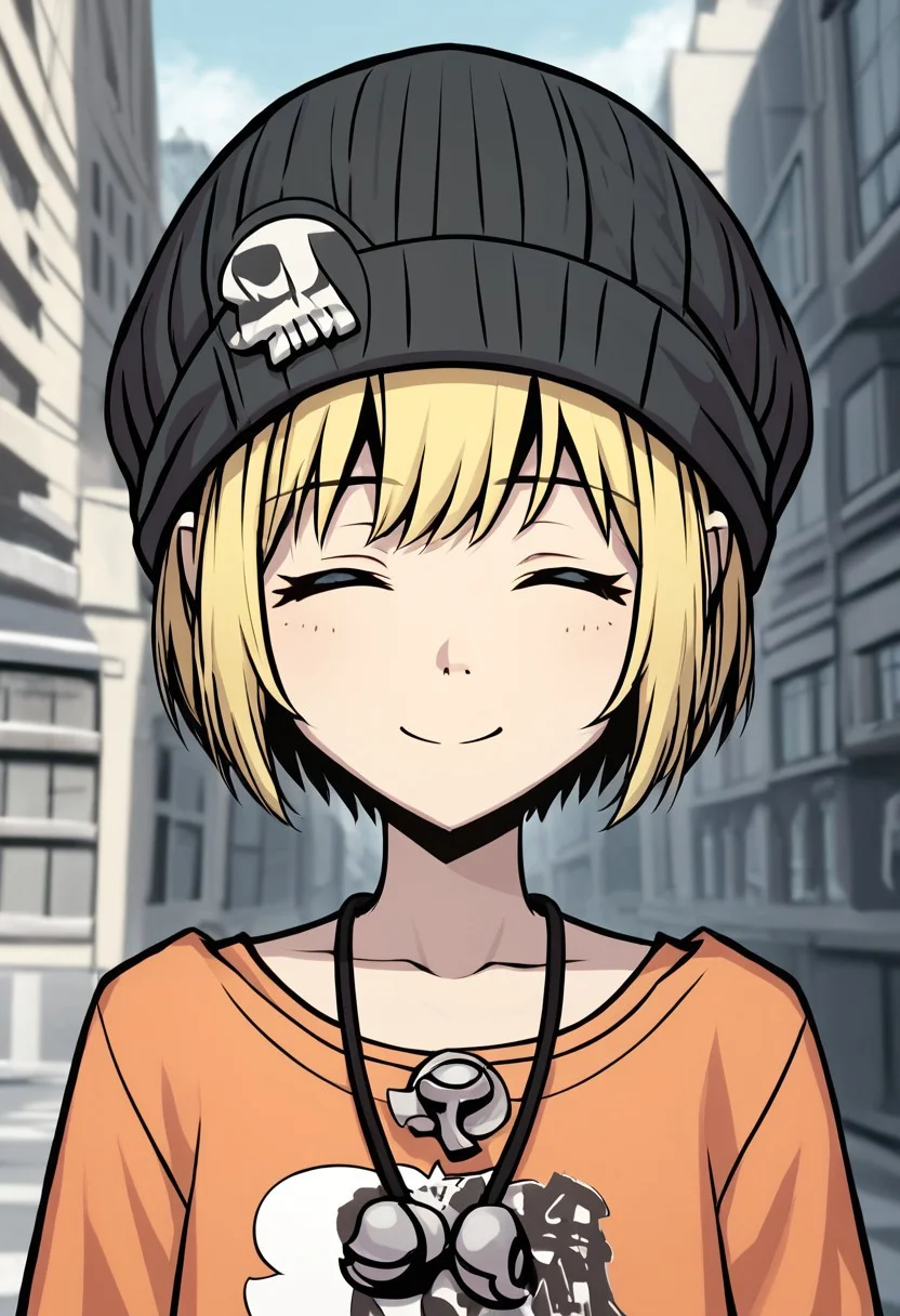 score_4,score_5,score_6,score_7_up,score_8_up,score_9 ((masterpiece,best quality,ultra detailed,highres,HD,4k:1.2)),
1 girl,solo,,solo focus,
((upper body,face focus)),
blonde hair,short hair,bangs,blue eyes,
black beanie, long sleeves, orange shirt, skull mark, bell necklace, white shorts, shoes,
shibuya,city,outdoors,
smile,closed mouth,closed eyes,