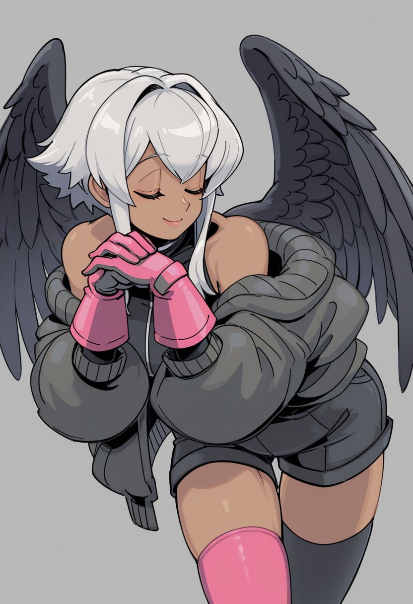 by 770mk, best quality, masterpiece, hires, aesthetic. solo, 1girl, closed eyes, lips, smile, grey hair, pose, grey dark-skinned female, bare shoulders, baggy jacket, black feather wings, high-waist_shorts, dual-colored gloves, pink gloves, asymmetrical thigh-highs, leaning forward, looking at another out of view, head turned to the right side
