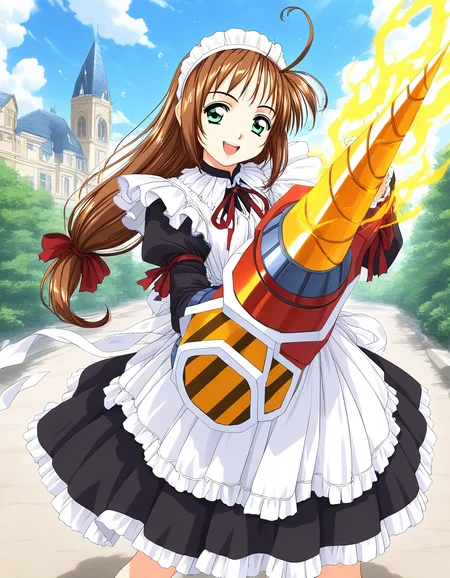 general,highres, game cg, ultra-detailed,very aesthetic,best quality ,best hands, BREAK <lora:Spiral_Nami_IS:1>drii_nami, solo, brown hair, green eyes, drill, maid apron, maid headdress,
weapon, ahoge, ribbon, maid, long hair, low-tied long hair, open mouth. drill arms,
smile,looking at viewer, cowboy_Shot,
day, sky, 2000s \(style\),anime coloring,
aura, magic aura, smile, water drop,