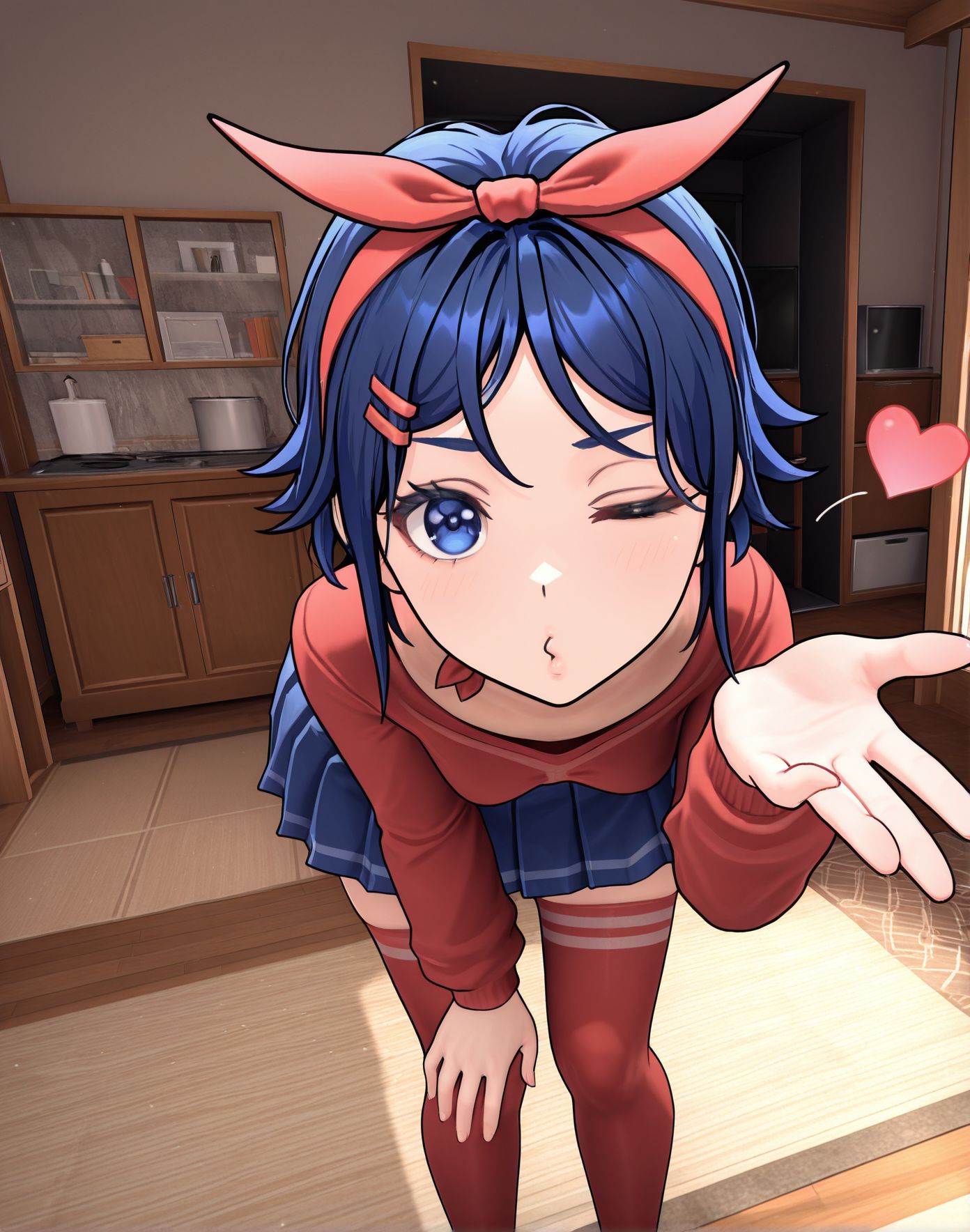 masterpiece,best quality,amazing quality,very aesthetic,absurdres,newest, huge filesize,
<lora:spo_sdxl_10ep_4k-data_lora_webui:0.5>, 
<lora:add-detail-xl:1>3d, anime coloring, 
<lora:FrierenBlowingKissMeme_illusXLNoobAI_Incrs_v1:1>,looking at viewer, one eye closed, heart, 
blowing kiss, heart, puckered lips, o3o,bent over, hand on own knee, 
ShortHairMita, 1girl, short hair, hair ribbon, red shirt, blue pleated skirt, red thighhighs, 
 <lora:Mita-MiSide-4-4-Illustrious-Test11:0.9>