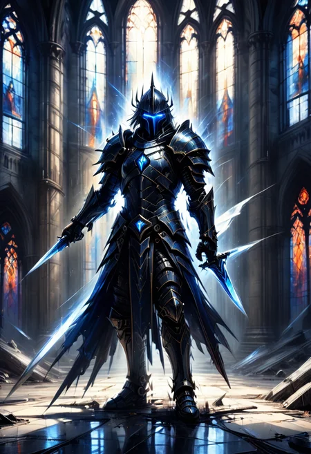 Gothic sci-fi illustration of a lone warrior clad in heavy, spiked armor, featuring a blend of medieval and futuristic designs. He grips a colossal greatsword that crackles with blue plasma energy, its edge shimmering ominously. The backdrop is a decaying cathedral, its stained glass windows shattered and replaced by flickering holograms. Shadows dance in the corners, and the ground is littered with remnants of a forgotten civilization, evoking a sense of loss and melancholy in the air.