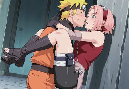 masterpiece, best quality, newest, absurdres, very aesthetic, (1girl, solo, cowboy shot, anime coloring,beautiful Background,.  1girl, haruno sakura, pink hair, short, hair, green eyes, forehead protector
sleeveless, red shirt, bike shorts, shorts, black gloves,small waist,medium breasts,big Ass,Sexy Body,)( #narut#,blonde hair,blue eyes,orange jacket,orange pantsnar1, uzumaki naruto, 1boy, short hair, blue eyes, blonde hair, whisker markings, forehead protector, jacket, multicolored clothes, pants, thigh strap, toeless footwear )standing on the Stone floor,closed eyes,french kiss,tongue kiss,couple,1boy,1 Girl ,lifting Girl,Leg lock,pressing against stone wall