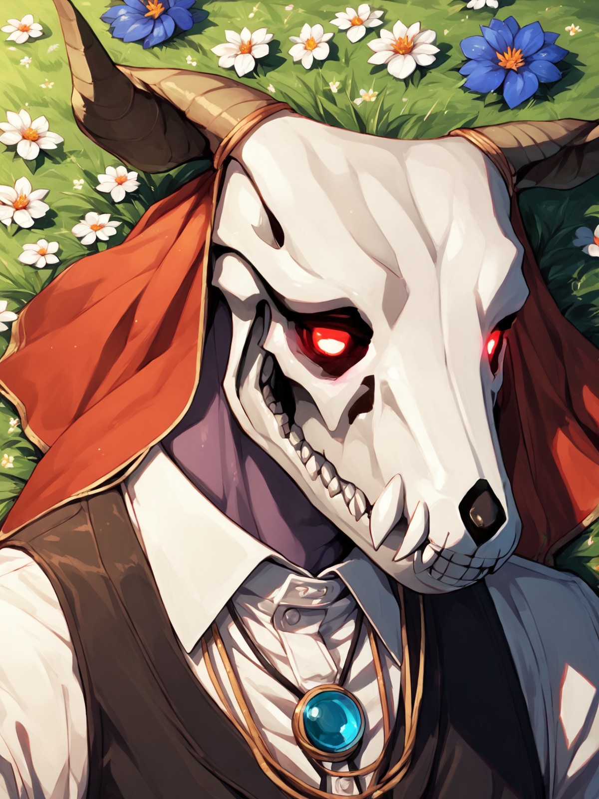 score_9,score_8,score_7,source_furry,
<1boy:1.5>,
<solo:1.5>,
<lora:EliasAinsworth v1:1> EliasAinsworth, vest, dress shirt, veil, gloves, (laying in a field of flowers) <lora:silverjowStyleLora_silverjowStyleV2:.8>, close-up, headshot portrait, cow skull, glowing eyes,,
 <lora:Elias_Ainsworth:1> elias_ainsworth