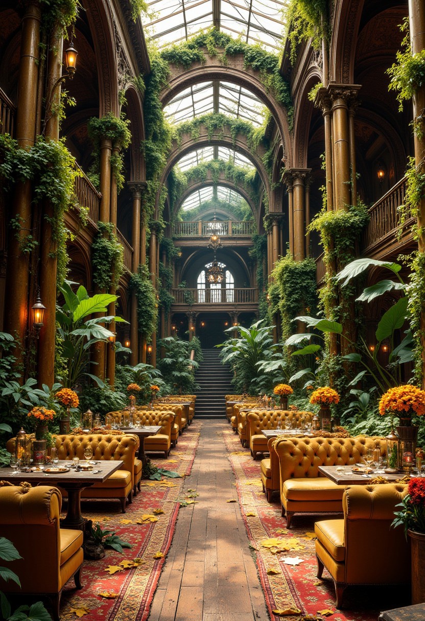 The Amber Steampunk Eden (Earthy & Cozy)
A warm, grounded botanical ballroom, where sunlight pours through copper-and-glass skylights, illuminating tall brass pillars wrapped in autumn-colored vines. The floor is rich mahogany, partly overtaken by patches of soft moss and scattered leaves. Overgrown pumpkin vines, orange blossoms, and hanging golden lanterns create a cozy, inviting space. Mustard yellow and terracotta velvet sofas are paired with aged brass tables, their surfaces cluttered with alchemical bottles, scattered watch parts, and curling parchment scrolls. The scent of roasted chestnuts, cinnamon, and damp earth lingers in the air.