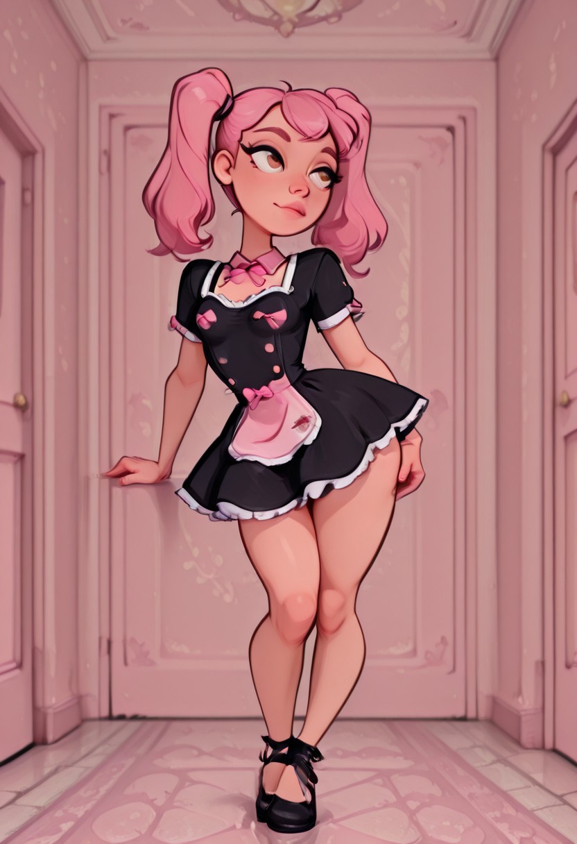 solo, 1girl(femboy, pink hair, dual ponytails, hazel eyes, small breasts, standing), Dynamic angle, Dynamic pose, NSFW, smoove, maid dress, pink bow, frills, short sleeves, on hands and knees on the floor with ass up