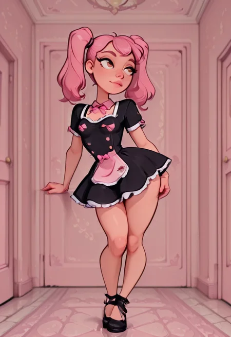 solo, 1girl(femboy, pink hair, dual ponytails, hazel eyes, small breasts, standing), Dynamic angle, Dynamic pose, NSFW, smoove, maid dress, pink bow, frills, short sleeves, on hands and knees on the floor with ass up
