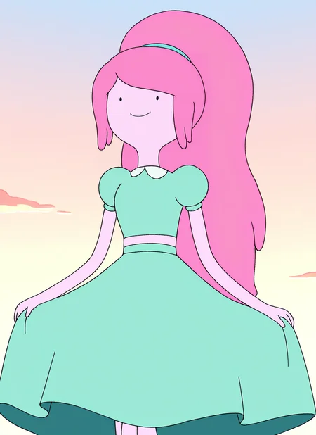 artist:, masterpiece, best quality, newest, very awa, absurdres, highres, advt, 1girl, bbgm, smile, pink skin, pink hair, long hair, ponytail, aqua dress, midriff, looking at viewer, daytime, detailed, <lora:SDXL\Illustrous\Adventure_Time_style_and_characters:1.0>