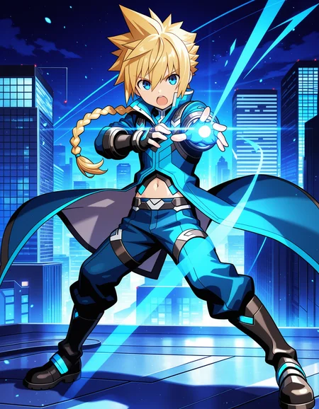 masterpiece,best quality,amazing quality,official art
BREAK
dynamic pose,gunvolt,fighting pose,open mouth,1boy,,electric,solo,blonde hair,long hair,braided ponytail,spiked hair,single braids,blue eyes,
coat,long coat,navel,pants,gloves,fingerless gloves, boots,science fiction,city,night
BREAK
<lora:gunvolt_ill:1>