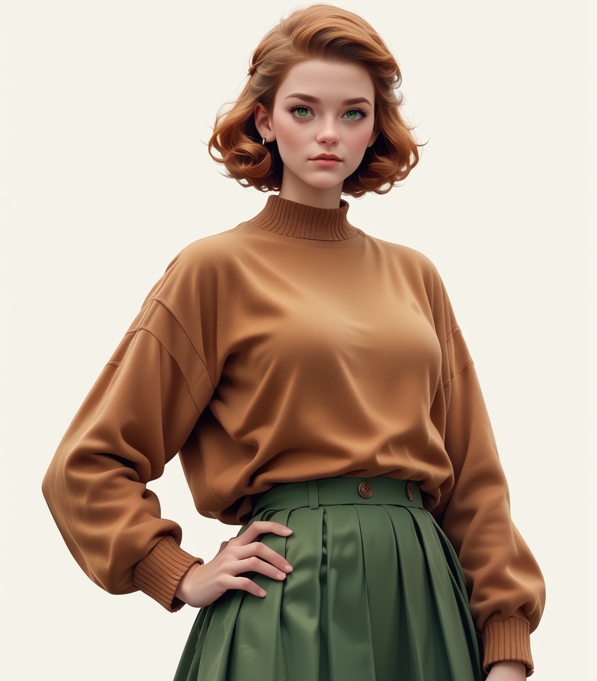 hand on hip, simple white background  <lora:IrishErin:0.7> IrishErin, (score_9, score_8_up, score_7_up), green skirt, brown sweater,