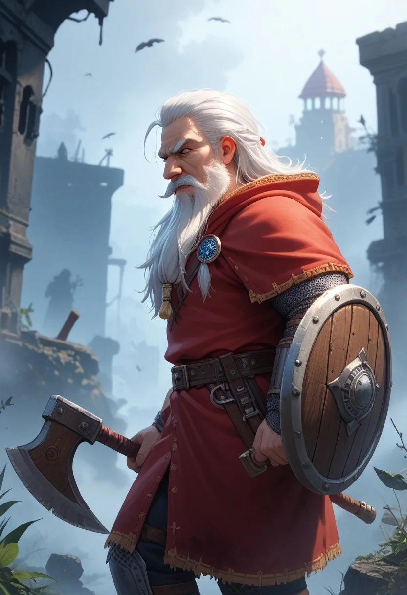 score_9, score_8_up, score_7_up, (solo:1.3),
old male, Dwarf, mature, realistic, axe and shield, short stature, white hair, beard, moustache, big nose, angry, holding axe, berserk, highly detailed,
source_anime, fog, (in the fog), ruins, surrounded by fire , medieval, fantasy,
side view, Expressiveh, solo focus, (blurry background) , masterpiece, silhouette,