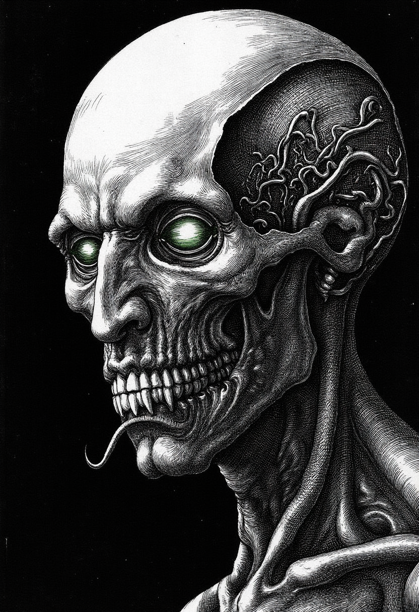 engraving in the style of yfg-durer, A close-up, chiaroscuro portrait of an evil entity, half-human, half-cyborg, emerging from near-complete darkness. The figure's face is a haunting blend of decayed human flesh and cold, mechanical parts, with the left side of their face replaced by sleek, sharp metallic plating and glowing green eyes piercing through the shadows. The right side is twisted and scarred, with jagged, cybernetic implants, exposed wires, and a fractured skull beneath the skin. Their mouth is slightly open in a sinister, twisted grin, revealing sharp, metallic teeth. The lighting is harsh and high-contrast, accentuating the dark, almost entirely black composition. Only subtle shades of white catch the edges of their figureâgleaming off the metal surfaces and the edges of their armor, creating dramatic, haunting highlights. The rest of the scene is drowned in shadow, almost blending the entity into the abyss. A color palette of pure black and white, with glowing green eyes standing out as the only splash of color. This image captures the evil entity as a terrifying, almost spectral figure, straddling the line between man and machine, bathed in shadow and illuminated only by the unnatural glow of their malevolent gaze.