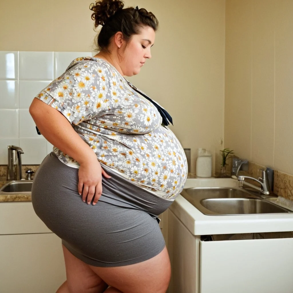 Morbidly obese mommy, ssbbw, (diaper under gray skirt:1.7), (gigantic pregnant belly:1.7), wide hips, (twerking her fat butt while washing dishes:1.7), (tripple pregnancy:1.6), sexy ssbbw, (wet hair:1.4), (sweaty body:1.4), (huge breasts:1.5), (flowery shirt:1.9), (curly hair tied with a bow:1.7), in good mood, (light makeup:1.3), (washing dishes:1.7), (side profile:1.6), (fat hips:1.8), cinematic, film grain, gritty