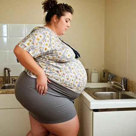 Morbidly obese mommy, ssbbw, (diaper under gray skirt:1.7), (gigantic pregnant belly:1.7), wide hips, (twerking her fat butt while washing dishes:1.7), (tripple pregnancy:1.6), sexy ssbbw, (wet hair:1.4), (sweaty body:1.4), (huge breasts:1.5), (flowery shirt:1.9), (curly hair tied with a bow:1.7), in good mood, (light makeup:1.3), (washing dishes:1.7), (side profile:1.6), (fat hips:1.8), cinematic, film grain, gritty