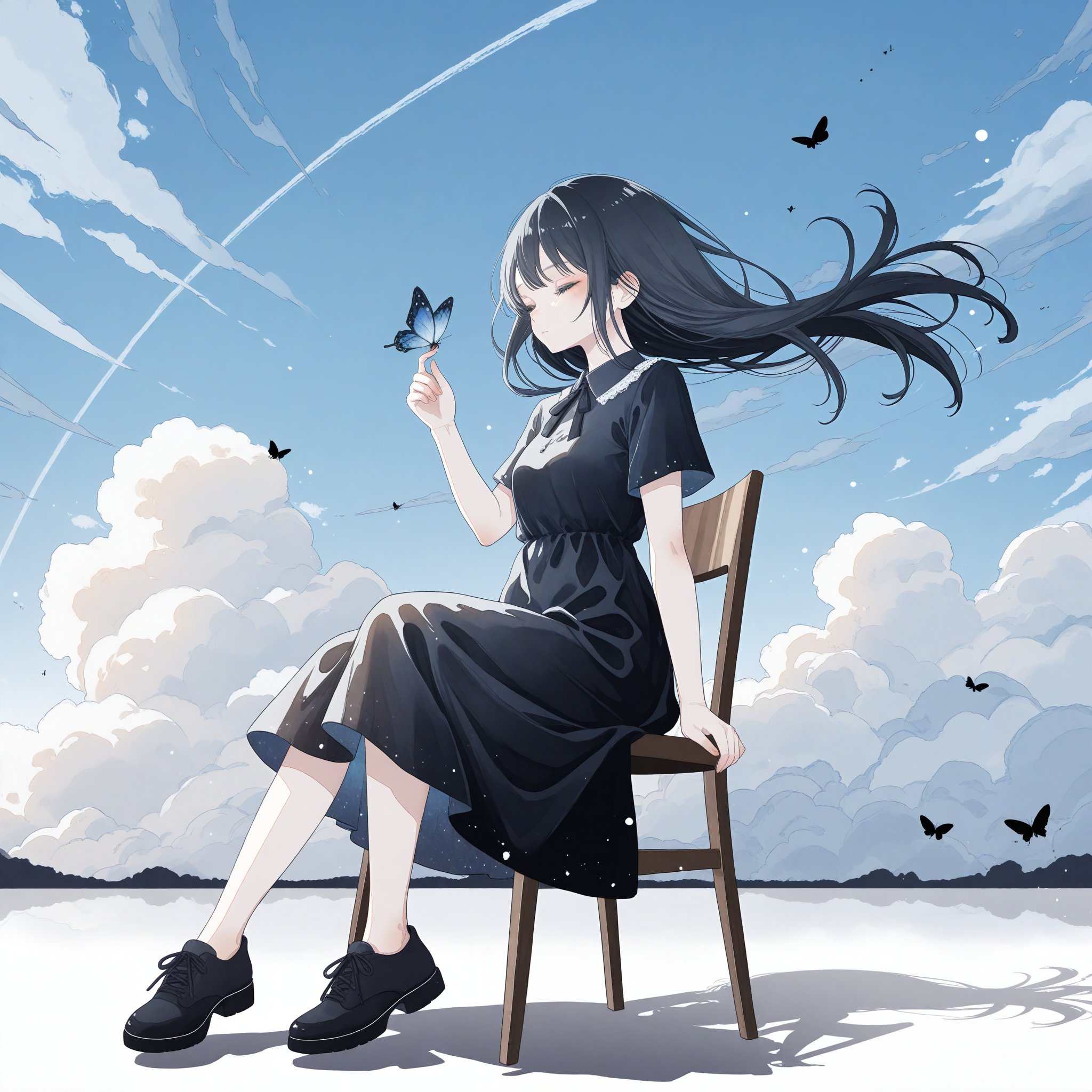 <lora:osetoiro_art_n16c16_nai_loha:1.1>,osetoiro art,
1girl,dress,long hair,closed eyes,cloud,solo,bug,sitting,sky,butterfly,short sleeves,floating hair,shoes,black hair,butterfly on hand,chair,day,full body,