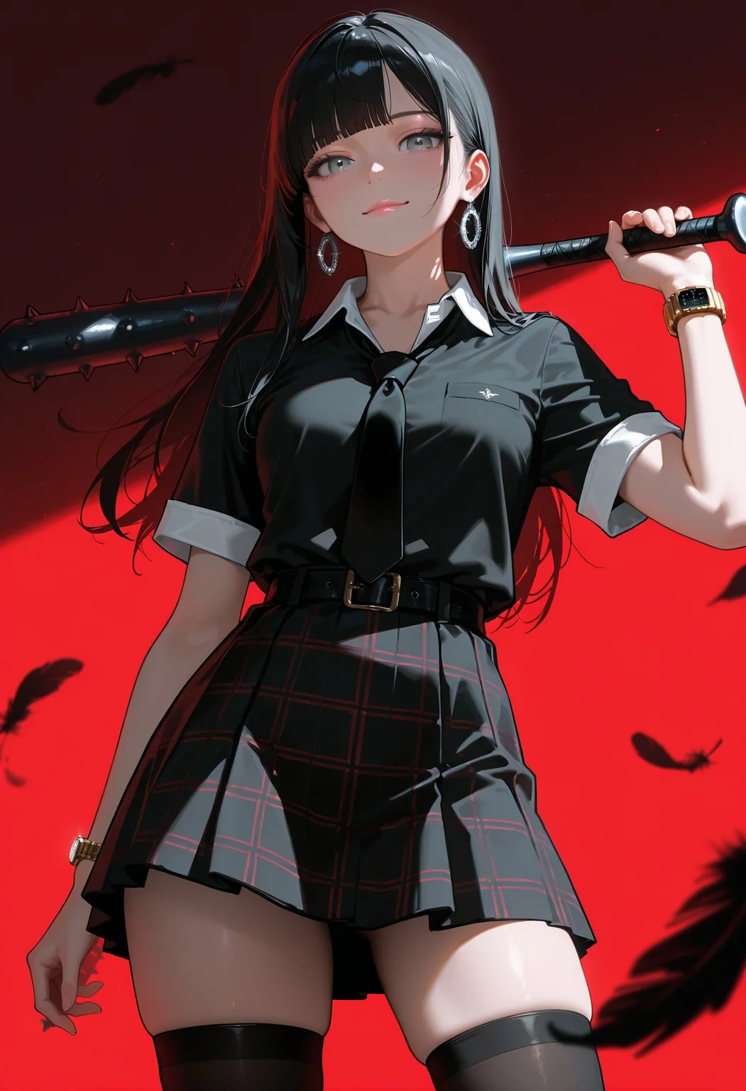 HDR, 8K, high contrast, masterpiece, best quality, amazing quality, very aesthetic, high resolution, ultra-detailed, absurdres, solo, 1girl, long hair, black hair, blunt bangs, long side bangs, hair behind ear, silver earrings, grey eyes, detailed eyes, pink lips, closed mouth, collared shirt, black shirt, short sleeves, open collar, black necktie, white trim, plaid skirt, black skirt, red stripes, gold wristwear, wristwatch, black belt, bare thighs, black thighhighs, spiked bat, holding bat over shoulder, textured background, red background, black feathers, floating feathers, looking at viewer, low angle shot, sinister smile, photorealistic, volumetric lighting, dramatic shadows, cinematic lighting