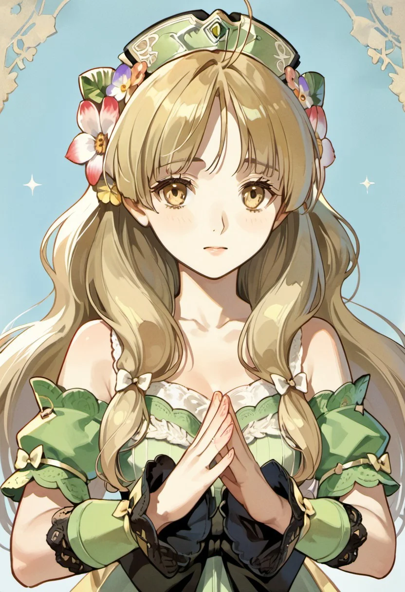 score_9, score_8_up, score_7_up, source_anime, ayesha altugle, long hair, golden eyes, light brown hair, 1girl, solo, hair ornament, hair flower, flower, bow, waist bow, upper body, own hands together, detached sleeves