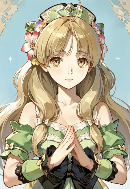 score_9, score_8_up, score_7_up, source_anime, ayesha altugle, long hair, golden eyes, light brown hair, 1girl, solo, hair ornament, hair flower, flower, bow, waist bow, upper body, own hands together, detached sleeves