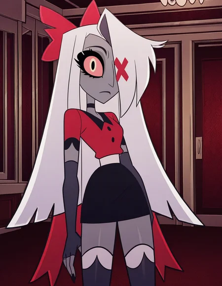 detailed, masterpiece, best quality,
choker, red shirt, elbow gloves, white waistband, fingerless gloves, miniskirt, thighhighs,
indoors,
1girl, solo, posing, looking at viewer,
<lora:hh-vaggie-rt:1.0> xvaggiex, white hair, long hair, grey skin, hair over one eye, x hair ornament, colored sclera, hair bow,