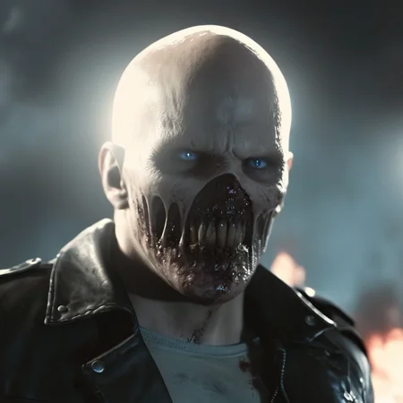 cinematic film still of cinematic film still of  <lora:add-detail-xl:0.3>
<lora:detailed:0.3>
<lora:perfection style:0.3>
 <lora:resident evil style:0.9>
 <lora:Unreal Engine style:0.3>Unreal Engine style
Zombie a man with a bloody face and a leather jacket,solo,looking at viewer,open mouth,blue eyes,shirt,1boy,jacket,white shirt,male focus,blurry,blood,blurry background,blood on face,realistic,bald ,horror themed, sharp, detailed, epic photography, artistic, dramatic light, cinematic style, film style, resident evil style, shallow depth of field, vignette, highly detailed, high budget, bokeh, cinemascope, moody, epic, gorgeous, film grain, grainy