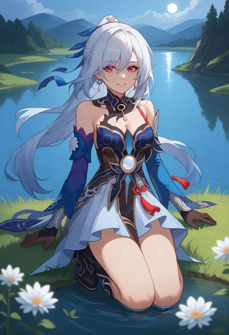 score_9, score_8_up, score_7_up, source_anime, 1girl, jingliudef, red eyes, white hair, long hair, high ponytail, earrings, jewelry, medium breasts, bare shoulders, detached sleeves, blue sleeves, blue dress, cleavage, black gloves, white skirt, black footwear, boots, smile, wariza, kneeling, looking at viewer, outdoors, lake, grass, sun, upper body, <lora:Jingliu_v1-000010:1>