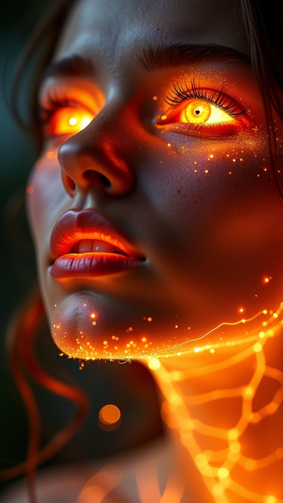 Close up on the beautiful woman's face that made out of pure energy, with glowing nerves under the skin and fiery iris of the eyes, like two magical black holes. Shallow depth of field with focus on the burning beautiful lips. Translucent lips from the glow under the skin, but not inside the mouth. Energy waves burst out from the skin, similar to solar flares.