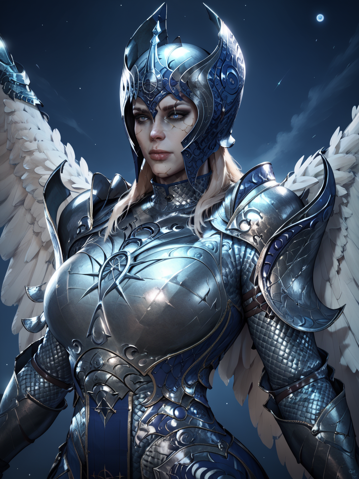 score_9, score_8_up, score_7_up, score_6_up, score_5_up, source_cartoon,  
1girl, dameaylin, armor <lora:aylinPony:0.8>, open wings, helmet, scars, night,huge breasts, cleavage,