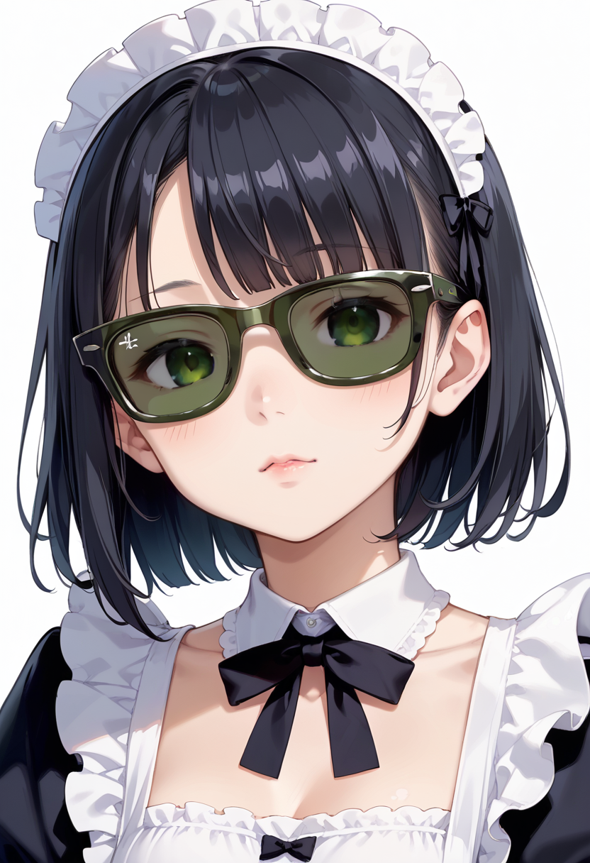 score_9, score_8_up, score_7_up, rating_safe, masterpiece, best quality, absurdres, unity 8k wallpaper, official art, official style, source_anime, uncensored, game cg, megami magazine,
1girl, solo, black hair, medium hair, upper body, covered eyes,maid, maid headdress, black dress, maid apron, face focus,
sg_WAYFARER, sunglasses, covered eyes, white background, simple background, darkgreen tinted eyewear, 
 <lora:glasses_wayfarer_PONY_V1:1>