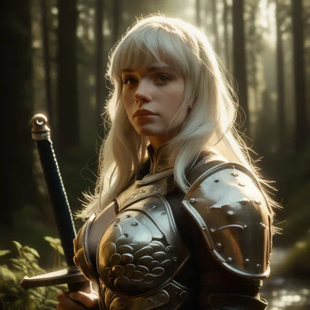score_9, score_8_up, score_7_up, score_6_up, flmgr, flmgr, film grain, cinematic, 1girl, beautiful, white hair, long hair, bangs, fair skin, big breasts, leather armor, sword, forest, dappled sunlight, upper body, looking at viewer