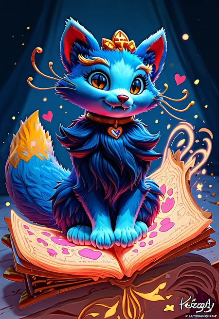 Score_9, Score_8_up, Score_7_up, Detailed draw, feral, animal, quadruped, wonderful, anthro, biped, no humans, (yuumi-default:1.5), blue fur, (chest tuft, yellow whiskers, cute kitty pose (sitting on riding book:1.2), (Collar with a red heart pendant:1.2), blonde eyebrows, headgear, necklace, yellow tail tip, cute,lick paw, cute lovely hearts detail, adorable, fur on legs, fur on paws, kiddy, nice, cuddly, sitting, huge body, riding book, (floating object An ancient magic book with old pages:1.5), magic spells around book, floating object, kitty paws, (fluffy fur body:1.5), big cute eyes, looking at the viewer, happy eyes, long fur, two toned fur, yellow eyes, slit eyes, cute fangs, ng_deepnegative_v1_75t, (cute and pretty:luminescent paints, phosphorus paints, glows at night, paint splash), more detail fur and visual, warm color, vibrant color, skydrome, disney style, Image background: Shimmering light in the form of a rainbow