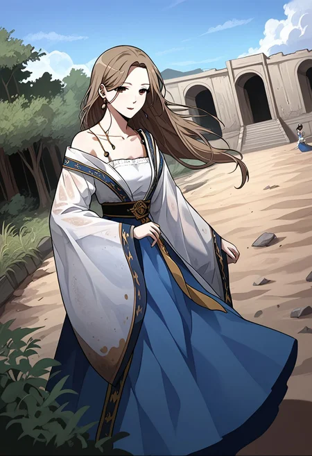 score_9, score_8_up, score_7_up, score_6_up, insaneres, absurdres, solo, manhwa artstyle,,8k,hdBREAK
MinJiwon, brown eyes, mousy hair, long hair,
ruanyi0759,blue dress,hanfu,jewelry,veil,off shoulder,wide sleeves,white dress,
(,1girl,solo,dancing,), ruins, scenery, afternoon. sun light, dirt, depth of filed, cowboy shot,BREAK