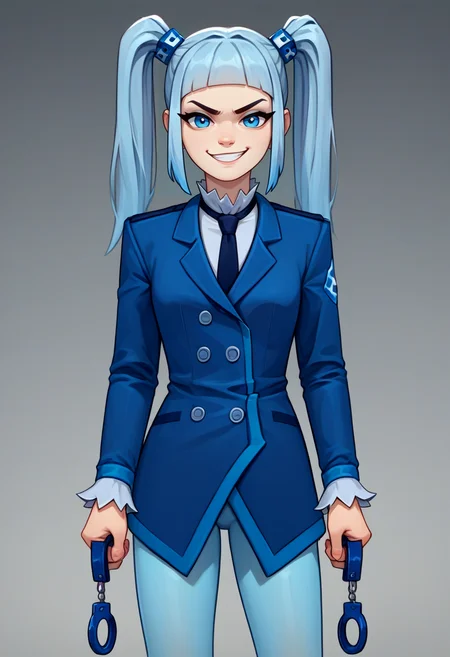 score_9, score_8_up, score_7_up, source_anime, solo, 1girl, rkn-chan, smirk, looking at viewer, holding cuffs, twintails, hair ornament, blue jacket, necktie, long sleeves, blue pantyhose <lora:gijinkaseries_rkn-chan_ponyXL:1>