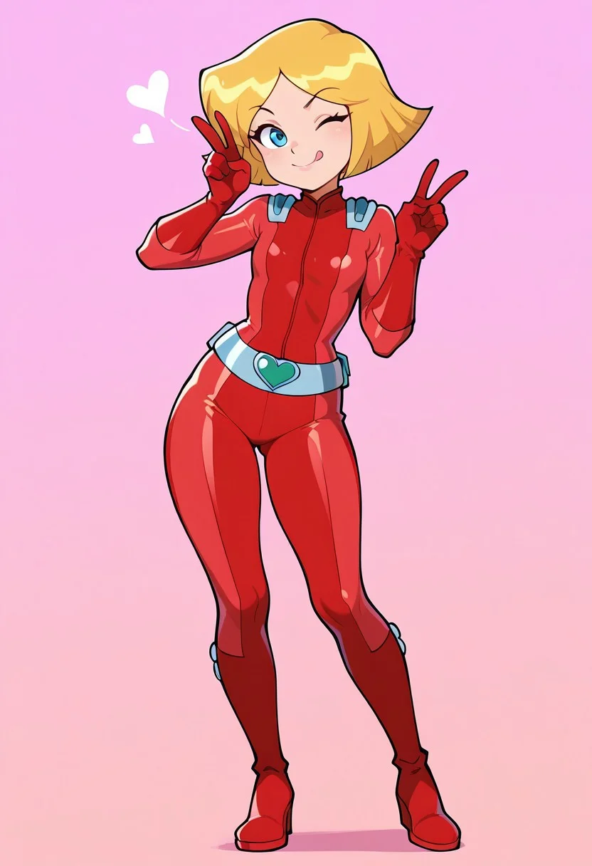 clover_totally_spies, short hair, blonde hair, blue eyes, red bodysuit,
masterpiece, best quality, amazing quality, very aesthetic, absurdres,
1girl, solo, short, young, flat_chest1.9, Shortstack,
looking at viewer, standing, smile, closed mouth, tongue out, peace sign, wink, full body