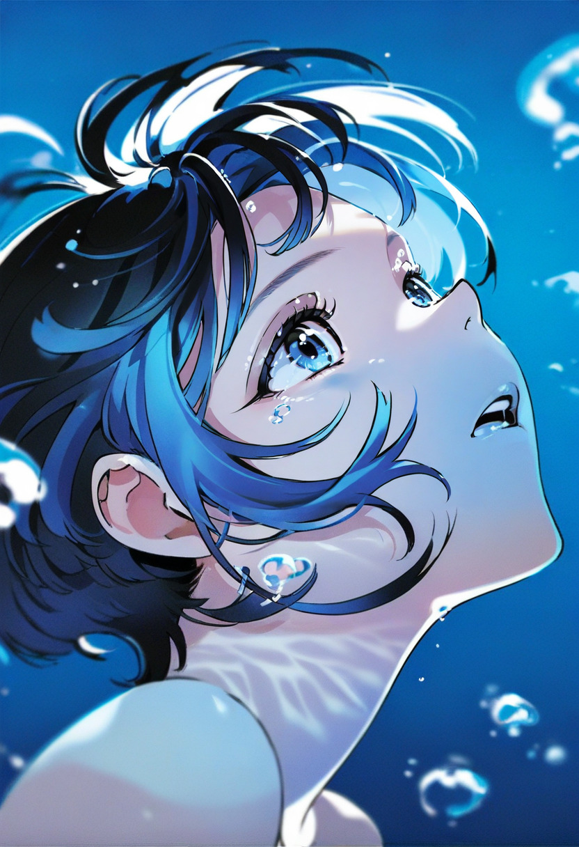<lora:yoneyamaiXL_il_lokr_V53P1:0.95> 1girl, solo, black hair, portrait, underwater, bubble, blue eyes, air bubble, short hair, tears, blue hair, parted lips, looking up, blue theme, open mouth, water, blurry, bangs