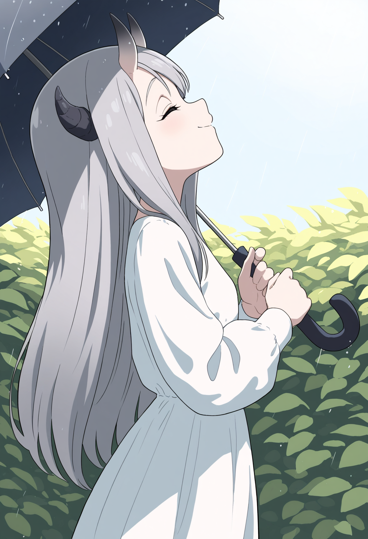 masterpiece,best quality,amazing quality,
1girl, solo, closed eyes, horns, long hair, grey hair, smile, from side, holding, umbrella, looking up, skirt, long sleeves, closed mouth, profile, holding umbrella, dress, white dress,
<lora:Ketsumoa:1>