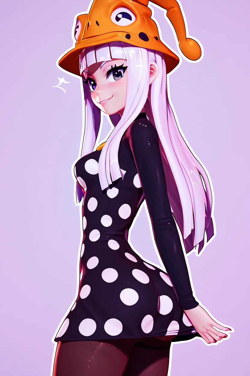 score_9, score_8_up, score_8, medium breasts, (curvy), cute, eyelashes, BREAK, , zzEruka, black eyes, white hair, blunt bangs, long hair, orange hat, polka dot dress, black dress, black sleeves, pantyhose, <lora:ErukaFrog_SoulEater_PDXL_v2:1.0>, , BREAK, smile, looking at viewer, cowboy shot, side view, ass, ,,, embedding:zPDXL, Expressiveh, ,,, <lora:Zy0n7_PDXL:0.8>, <lora:SDXLFaeTastic2400:0.5>, <lora:Expressive_H-000001:0.4>,