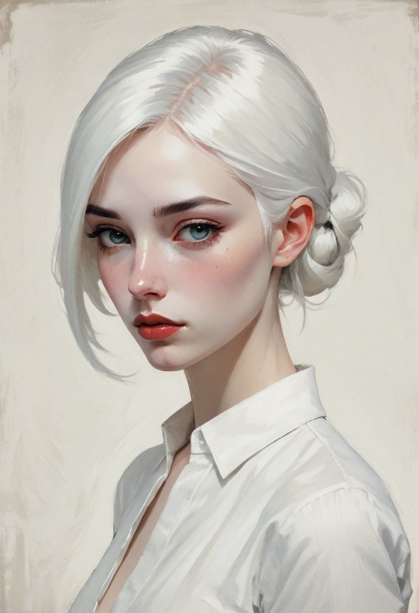 minimalist illustration, one woman, white hair, seductive, charming woman, charmful looking, captivating, minimalist, slender frame, detailed, headshot, painterly , style of malcolm liepke