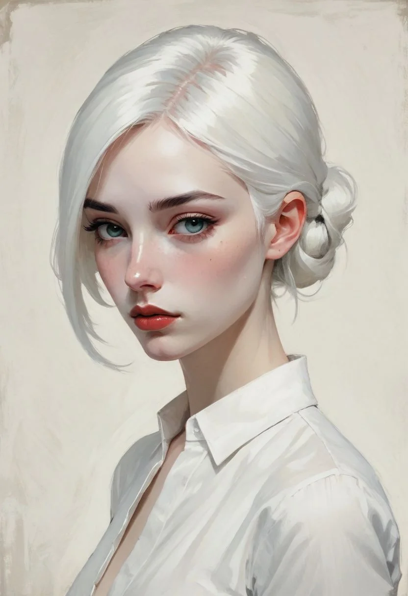 minimalist illustration, one woman, white hair, seductive, charming woman, charmful looking, captivating, minimalist, slender frame, detailed, headshot, painterly , style of malcolm liepke
