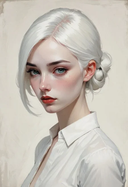 minimalist illustration, one woman, white hair, seductive, charming woman, charmful looking, captivating, minimalist, slender frame, detailed, headshot, painterly , style of malcolm liepke