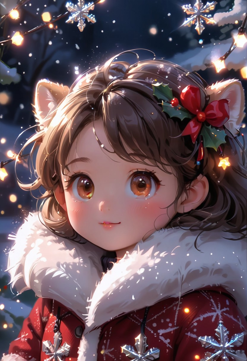 Festive, snowflake, little girl with rosy cheeks, wearing a furry coat, close-up view, snowflakes drifting, Christmas lights, solo, lovely and heartwarming