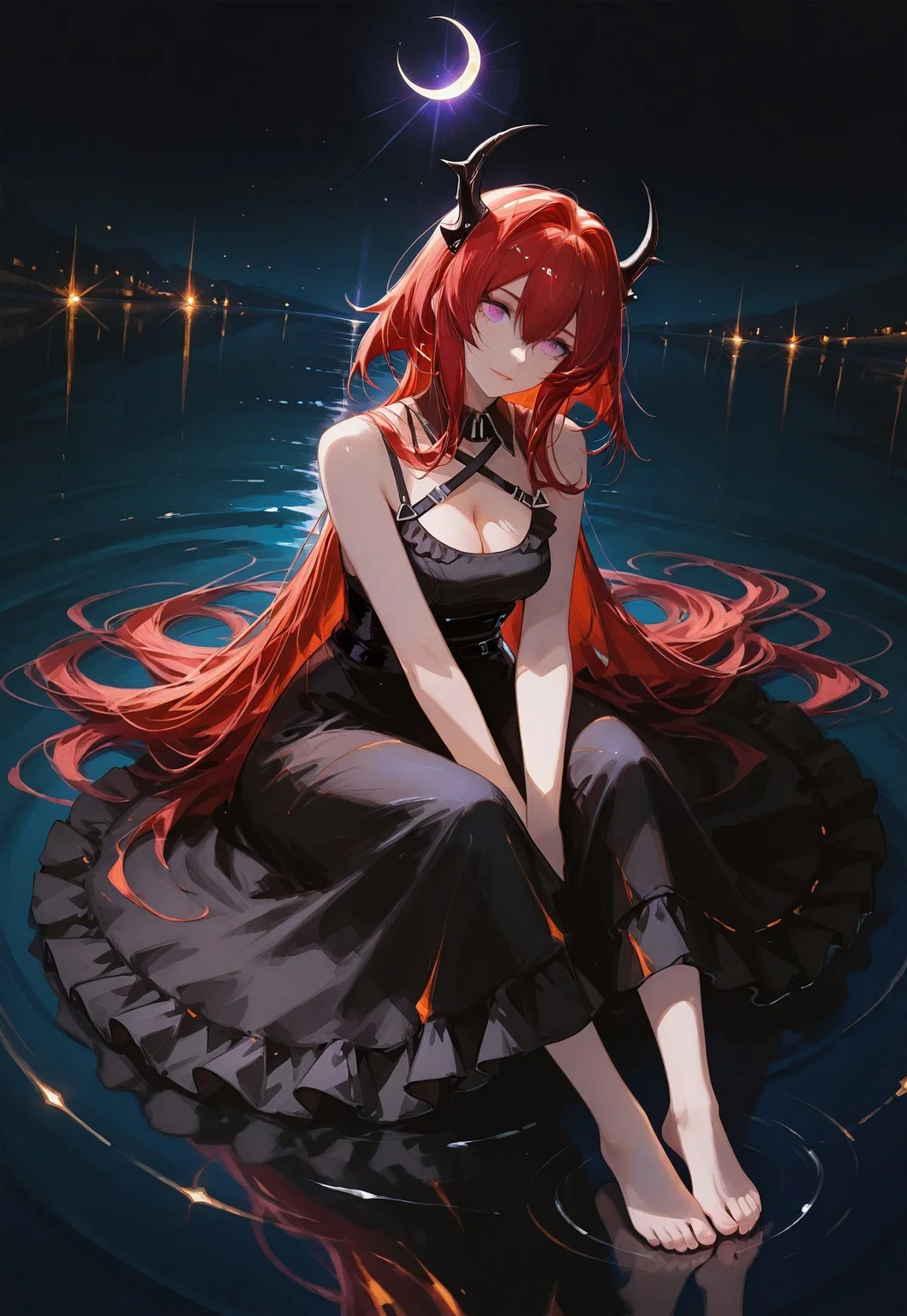 safe_pos, masterpiece,best quality,amazing quality, solo,very aesthetic,absurdres,ultra detailed face,solo, ultra detailed eyes, thumbnail surprise, 1girl, (3d:0.6),subtle details, lens flare, highly detailed skin,

surtr (arknights), arknights,1girl, demon horns, demon girl, horns, purple eyes, hair between eyes, red hair, very long hair, long hair, hair intakes, medium breasts, cleavage, black dress, bare shoulders, Sitting on the glowing crescent moon, the tranquil lake, reflections, and toes touching the water, frills, crease, head tilt, 

rich details, playful composition. ,dynamic angle,dynamic light,background,night scene, professional lighting, ambient lighting, soft shadows, clear composition, detailed environment, solo_focus,shadows,negative_hand,