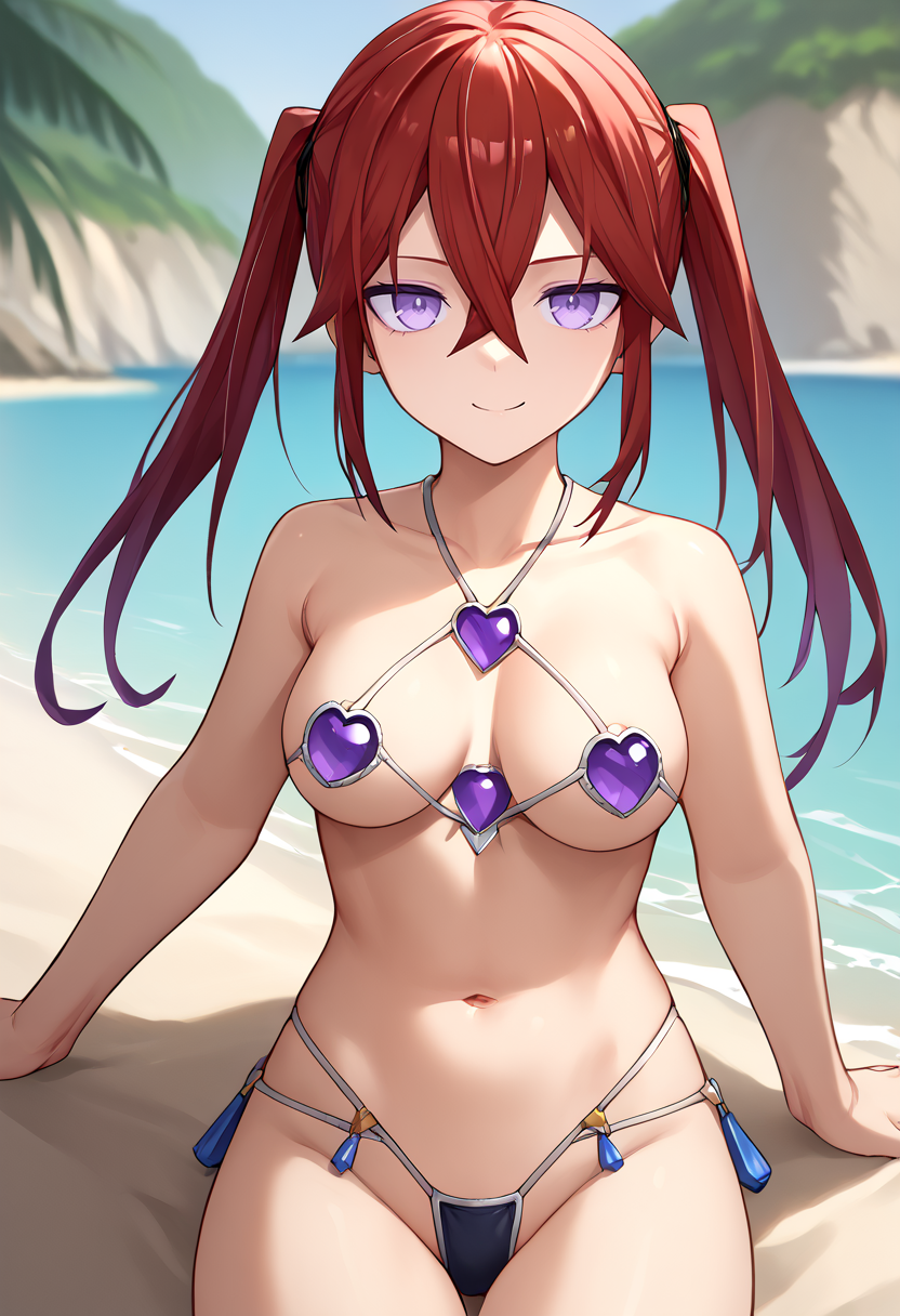 score_9, score_7_up,  1girl, solo, venus bikini <lora:Venus bikini-000008:1>      <lora:Noah renew no warmup:1> Kjnh, red hair, twintails, purple eyes, hair between eyes, medium breasts,  beach, light smile, looking at viewer, closed mouth,
