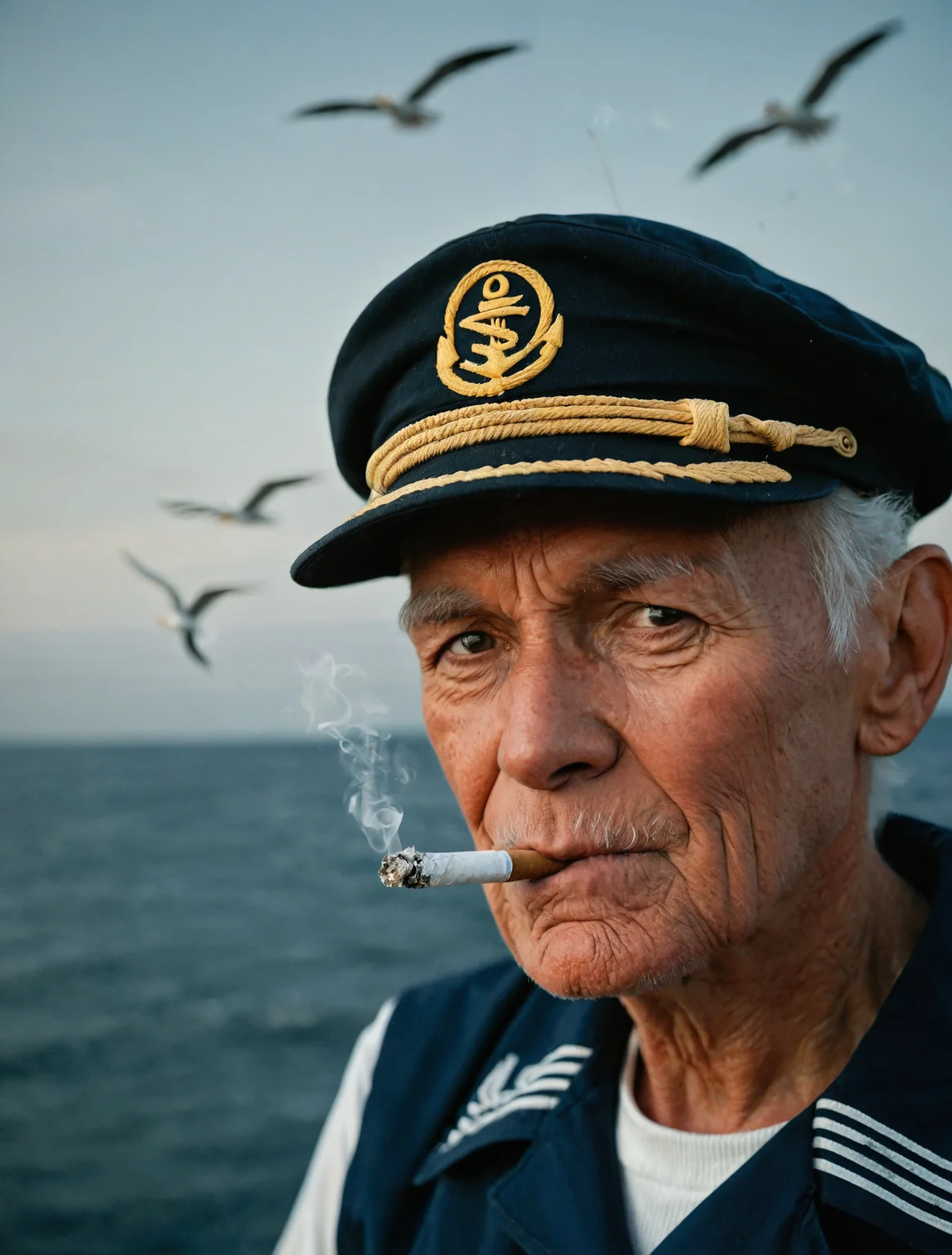 portrait of an old sailor, seaman, cap, ocean in the background, documentary photography, national geographic, lit cigarette, smoke, seagulls flying