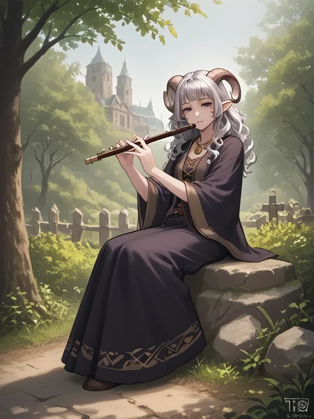 source_furry, score_7_up, rating_safe, sitting,
anime face,<lora:whisker_markings:0.8>red whisker_markings, silver long wavy hair, bell necklace, short pointy ears, purple eyes, <lora:age_slider_v4:0.6>
<lora:Smooth Style 2 SDXL_LoRA_Pony Diffusion V6 XL:0.3> full body,
<lora:Test_Diana:0.8> tiefling_bard_diana, <lora:INKxXmo shaded face:0.5> INKxXmo Dark Theme,
<lora:Graveyard:1>graveyard:1.5, day, <lora:flute:0.8> flute, holding instrument, solo, close up:0.8,