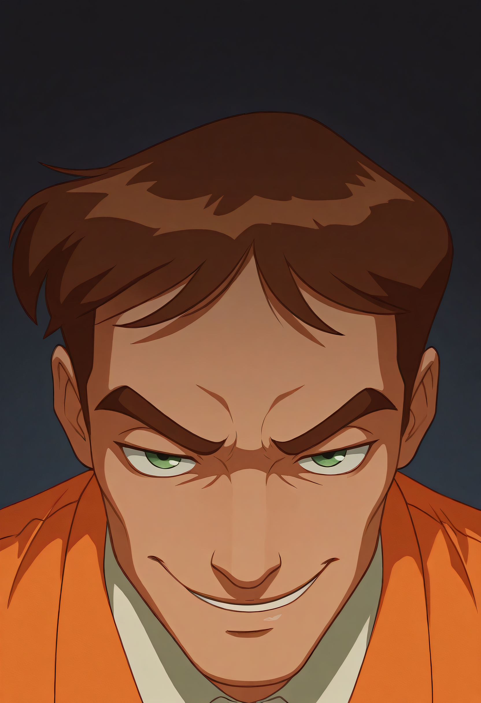 embedding:Illustrious\Positive\IllustriousQual, embedding:Illustrious\Positive\IllusP0s, 1boy, timscam_ts!, brown hair, short hair, green eyes, head down, orange prison clothes, collared shirt, upper body, close up, staring at viewer, darkened face, smirk, best quality, high resolution, masterpiece.