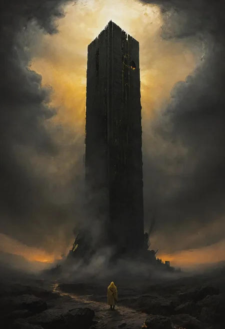 Impossibly tall tower, tower extending through the clouds, impossible architecture, sense of scale, ((glowing eyes) in the darkness), lone knight walking toward the tower, impossible landscape, gray stone, digital artwork by Beksinski, subtle colors, yellow and gold theme, tarnished gold, bright glittering gold, golden highlights, golden ring of light, gold halo, dark haze, grim, bleak, very dark lighting, epiCPhoto, high contrast, low curves, (negative space), double exposure, otclillsn