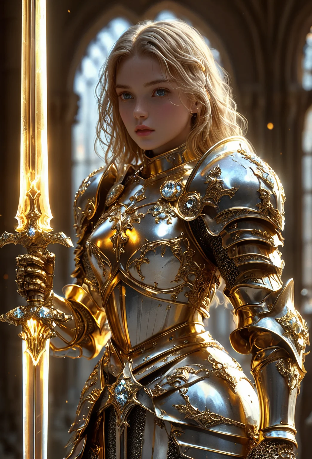 amazing quality, masterpiece, best quality, hyper detailed, ultra detailed, UHD, perfect anatomy, (in castle:1.2),
girl knight, holding a sword, dazzling ,transparent ,polishing, (1 arm up),
waving sword, gold armor, glowing armor, glowing eyes, full armor, shine armor, dazzling armor,
<lora:HKStyle:0.85>, HKStyle,
<lora:add-detail-xl:0.75>,
<lora:quality1:0.75>,
<lora:extremely_detailed:0.6>, extremely detailed,
<lora:ral-bling-sdxl:0.7> ral-bling,